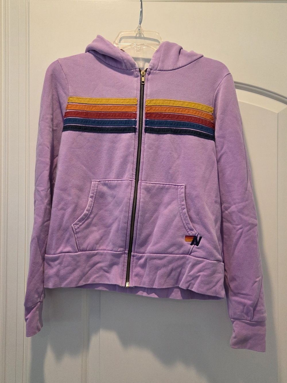 Aviator Nation Lavender Zip Hoodie with Rainbow Chest Stripes